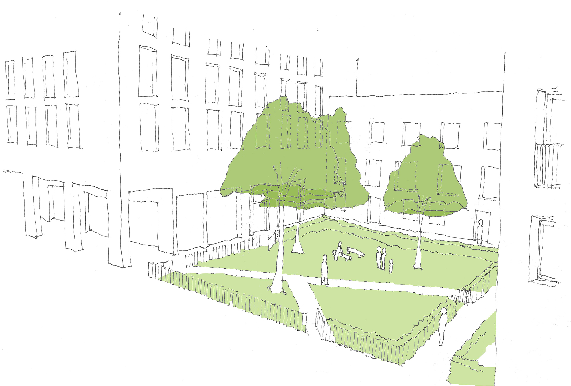 Architectural sketch of green space at Hackney tramshed