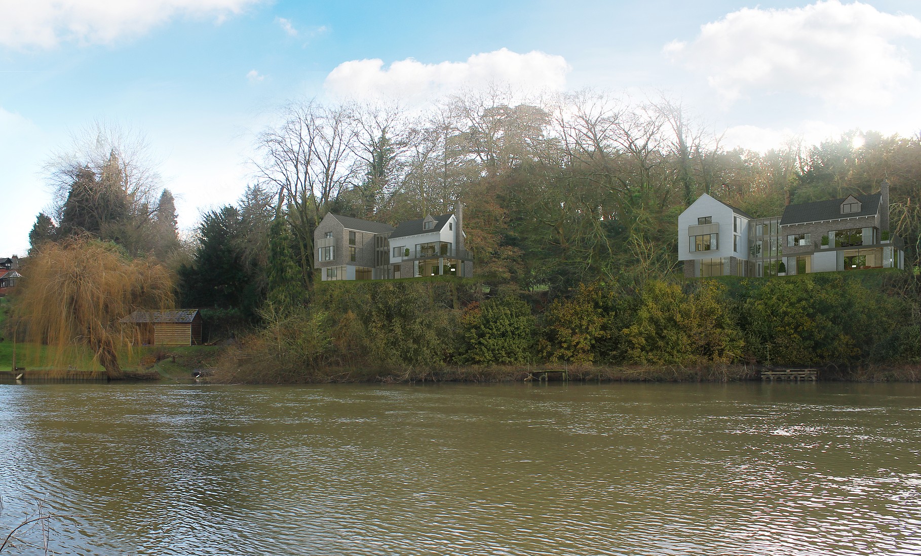 View from river of venders of new houses the Grotto