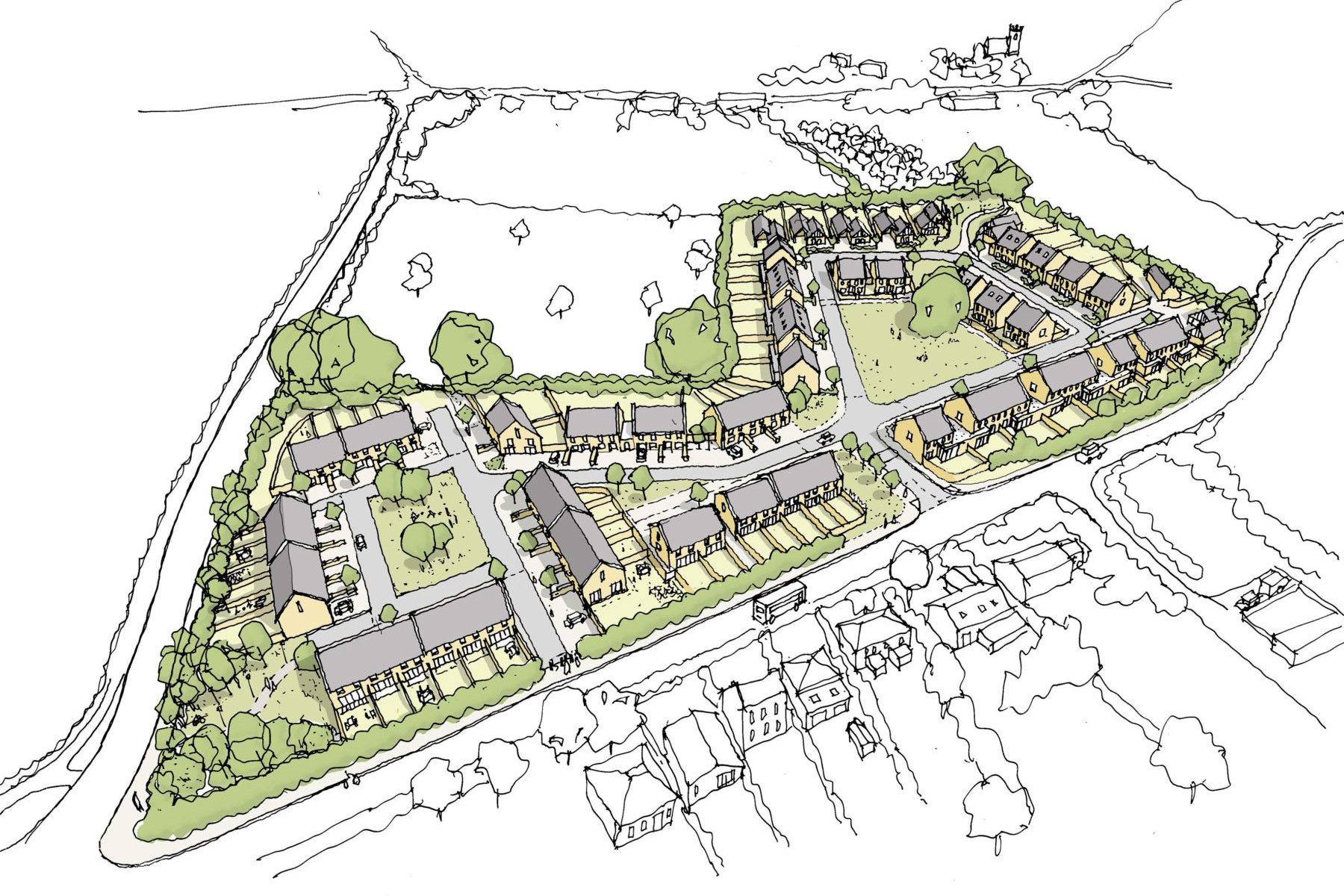 Aerial sketch of new housing estate in Castle Cary