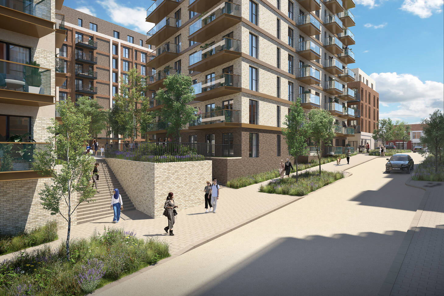 Render of street at mixed use development Luton